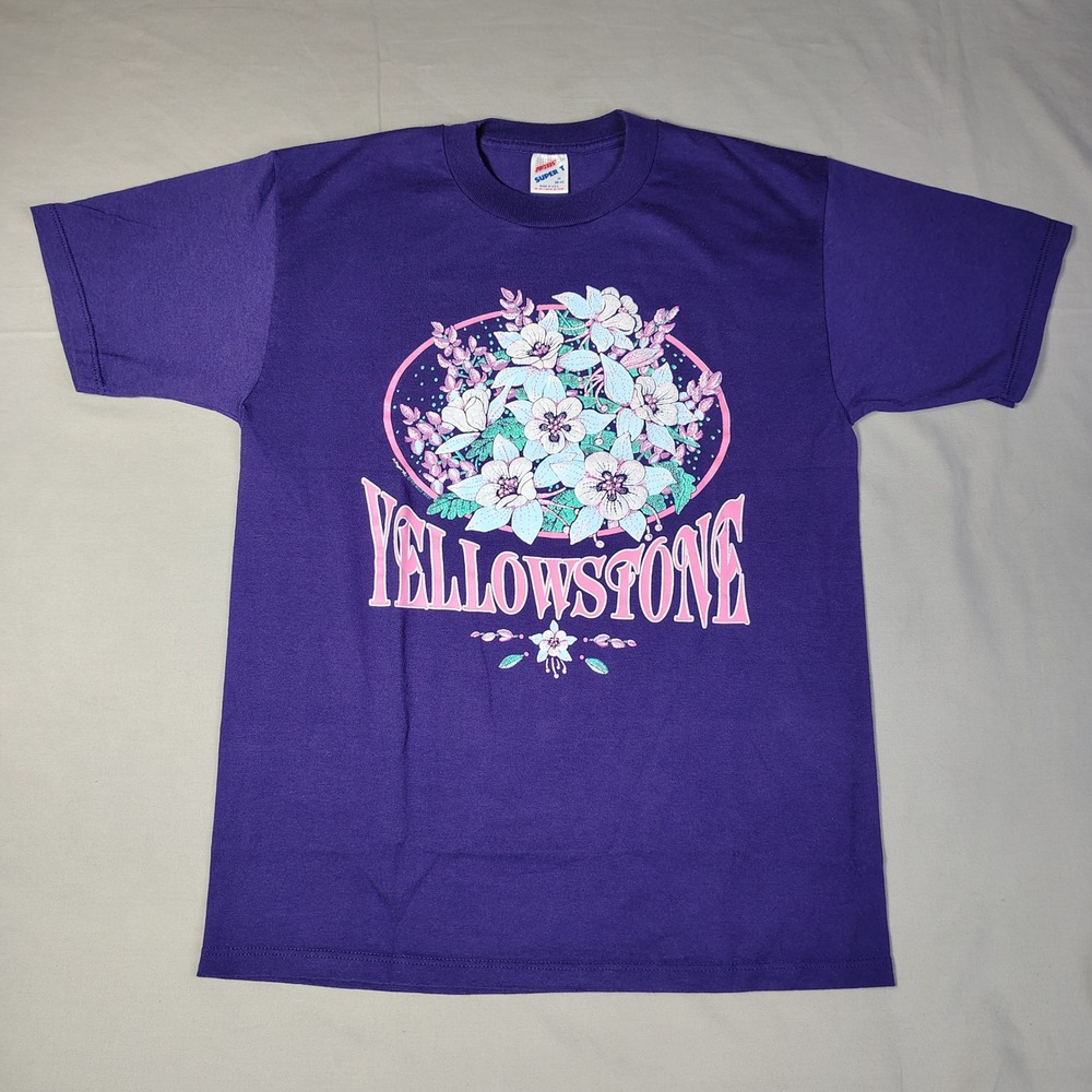 Vintage 1990 Yellowstone T Shirt Jerzees Super T Purple Floral Single‎ Stitch M